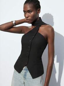 2025 Winter & Summer New Black Asymmetrical Cut Asymmetric Drape Neck Front Open Single-Breasted Women's Vest, Modern Elegant For Party, Urban Commute, Outing, Date, Party, Concert, Stage Performance, Brunch, Airport, Summer Holiday - Black - View 5