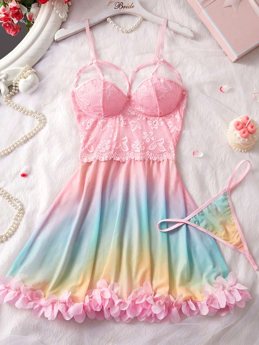 2pcs Lace Patchwork Print Mesh Hem Ruffle Trim Plus Size Sexy Camisole Slip Dress + Thong Set - Multicolor - View 1