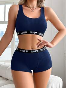 SHEIN Bộ áo ngực và quần lót dệt kim họa tiết chữ thoải mái giản dị dành cho nữ - Xanh đậm - Xem 3