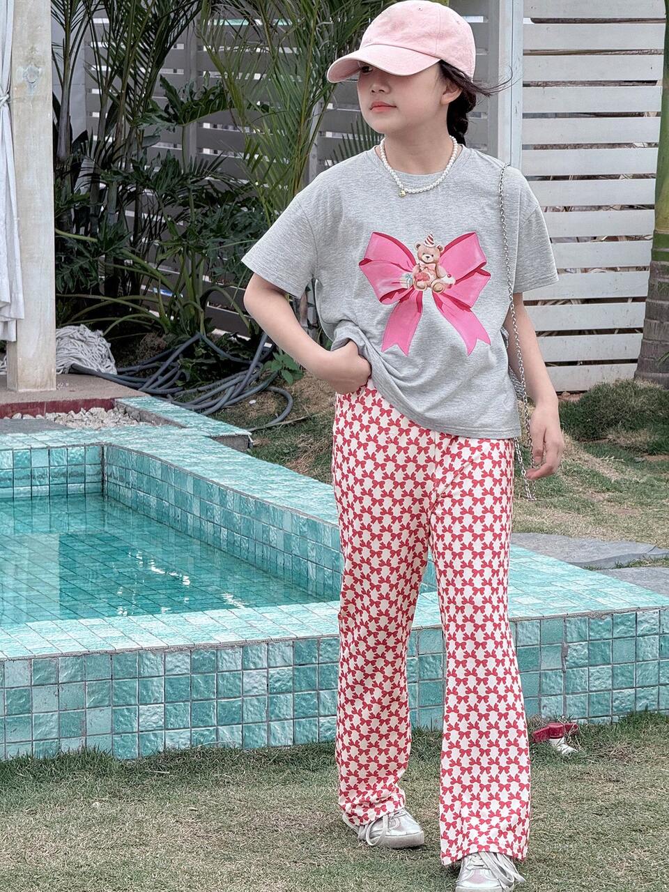 2pcs/Set Tween Girls Bow Print Short Sleeve T-Shirt And Full Length Pants Set
