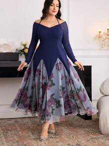 Modelyn Plus Size Women Floral Print Off Shoulder Long Sleeve Elegant Dress - Navy Blue - View 6