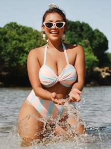 Swim Vcay 大码女式 2 件套花卉条纹扭纹吊带背心搭配高腰三角裤泳衣套装，时尚可爱度假休闲 - 彩色 - 查看 1