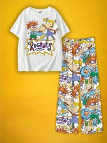 Nick 90s X SHEIN Plus Size Casual Cartoon Graphic Short Sleeve Top And Pants Pajama Set, Summer