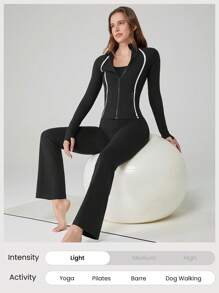 GLOWMODE FeatherFit™ True Potential 修身撞色条纹夹克，带拇指孔侧袋，低冲击瑜伽普拉提工作室日常休闲装 - 黑色 - 查看 5