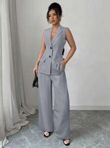 Elenzga Elegant Commuter Ladies Set: Regular Shoulder Waist Cinched Contrast Bow Splice Faux Pocket Back Hollow Wide Leg Pants & Sleeveless Jacket Suit - Grey - View 4