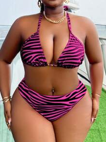 Slaydiva 2pcs 2025 Plus Size Women Summer Beach Striped Halter Tie Sexy Bikini Swimsuit Set - Hot Pink - View 1