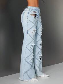 Flirla Women's Casual Extra Long Distressed Denim Jeans With Diamond Stitch Detail And Ripped Design - Blue - View 5