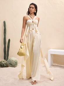 BY FELIZIA Apricot Solid Satin Pleated Draped Ruffle Tie Backless Cropped Top