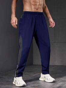 Manfinity Running Men's Contrast Color Elastic Waist Casual Fitness Sweatpants - Navy Blue - View 1