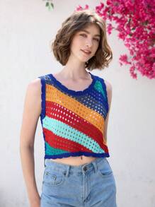 SHEIN Unity Women Sleeveless Color Block Hollow Out Knit Blouse - Multicolor - View 3