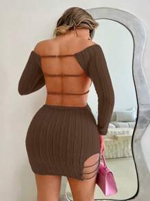 Zolique 女士性感纯色露肩露背修身迷你连衣裙新年俱乐部节日派对服装女士 - 咖啡棕 - 查看 2