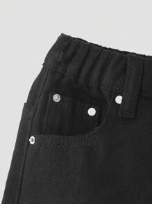 Tween Girls High Waist Straight Leg Washed Pockets Jeans, Elastic Waist Non-Stretch Relaxed Fit Casual Comfortable Jeans, Street Style - Black - View 5