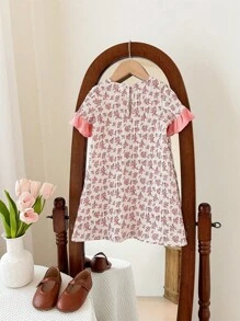 SHEIN Leap Crew Dozemod Baby Girl Baby Girl Floral Pattern Round Neck Ruffle Trim Loose Long Nightgown - Pink - View 5