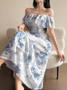 DAZY Vestido de mujer elegante con estampado floral, volantes y dobladillo con volantes, ropa de vuelta al colegio