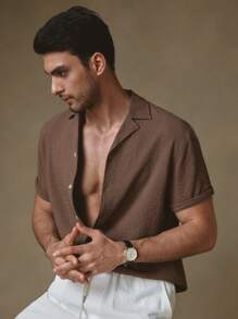 Manfinity VCAY Men's Woven Mandarin Collar Fitted Casual Shirt Set, Suitable For Summer