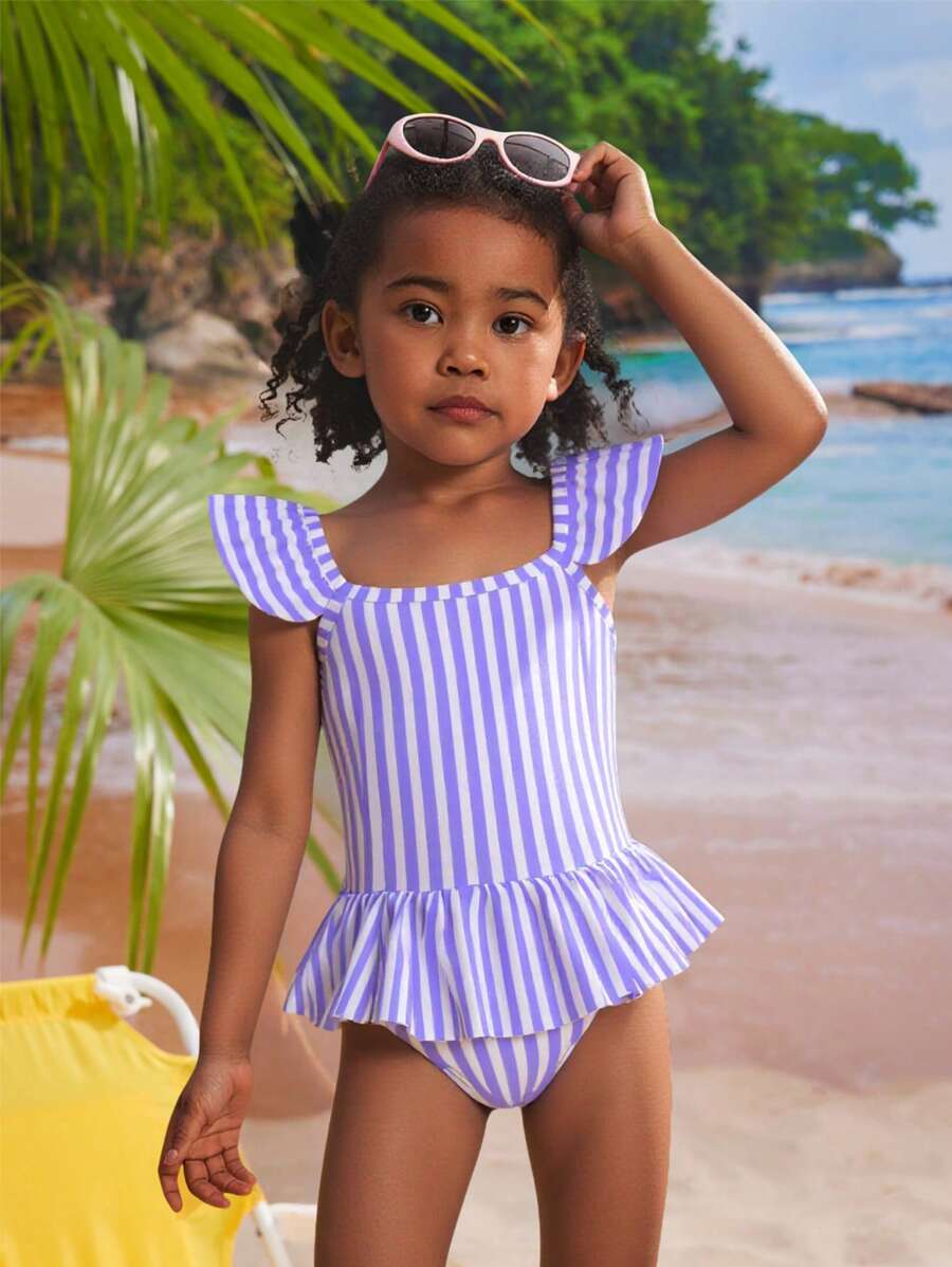 Young Girl Striped Cap Sleeve Modest Summer Swimsuit (Random Print) - Mauve Purple - View 1