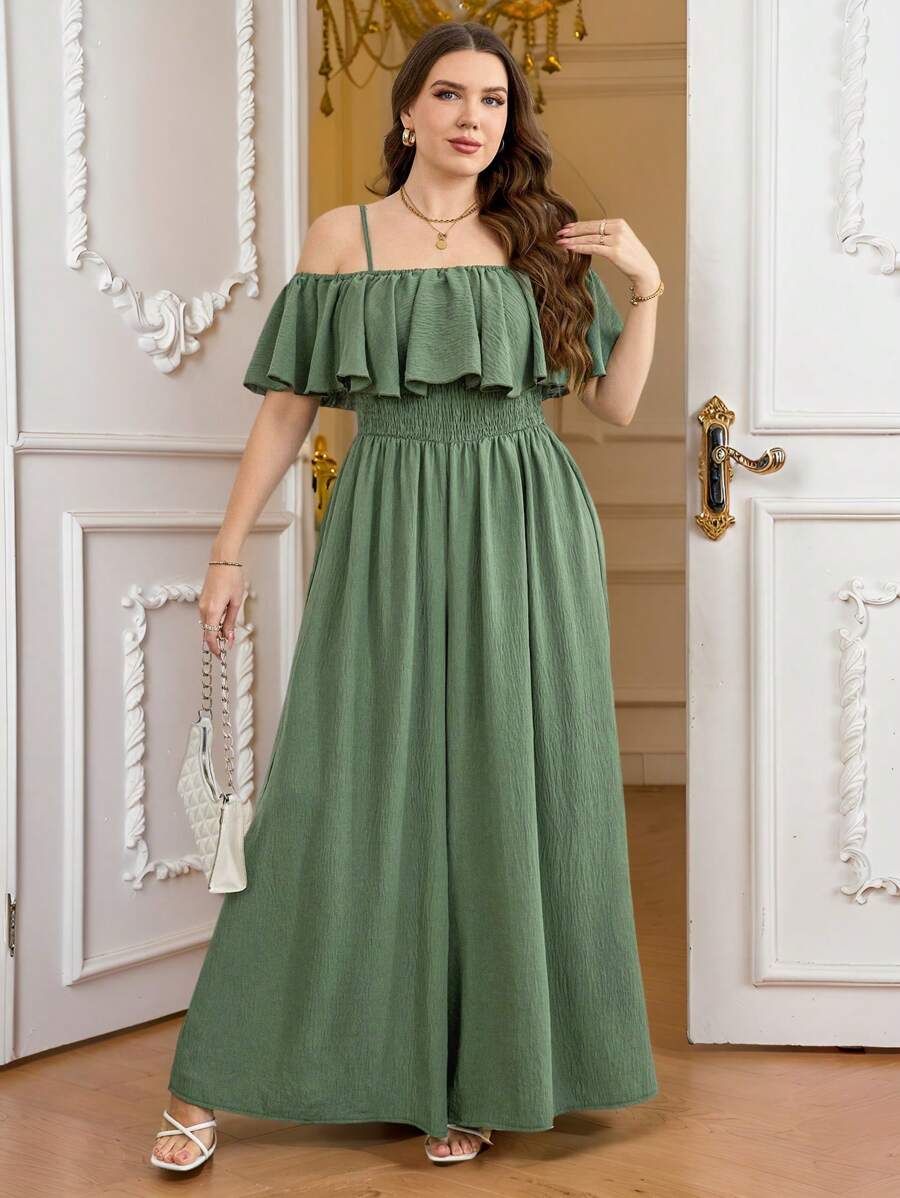 SHEIN Clasi Macacão plus size cor sólida ombro de fora babado acabamento cintura marcada perna larga - Verde - Ver 1