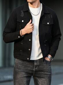 Manfinity LEGND Chaqueta de jean de manga larga con un solo pecho y bordes deshilachados para hombres de talla grande