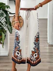 INAWLY Plus Size Women Floral Print Casual Pants For Holiday Fall Cloth For Women - White - View 3