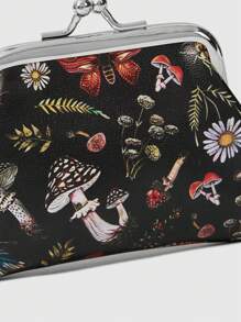ROMWE Fairycore Daisy & Mushroom Pattern Fashionable Everyday Portable Coin Purse - Black - View 3
