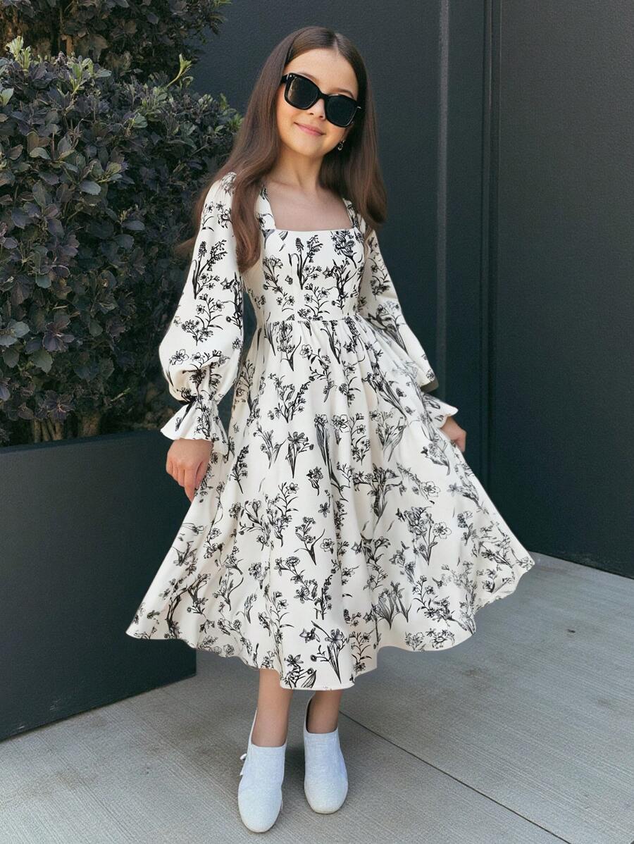 SHEIN Nova Glow 少女黑色碎花印花长袖连衣裙，秋季连衣裙 - 黑與白 - 查看 1