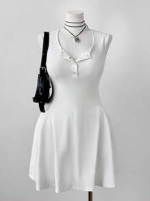 Sweetra 休闲朋克 V 领半襟腰部收褶 A 字形针织连衣裙，大码 - 白色 - 查看 1