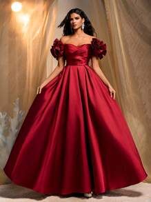Glamrae Elegante vestido de gala de color vino tinto con mangas con volantes y escote fuera de los hombros realzado con lentejuelas, silueta de línea A con bajo de cola de pez, espalda descubierta y cierre ajustable, vestido formal perfecto para fiestas, bodas y eventos de noche - Burdeos - Ver 7