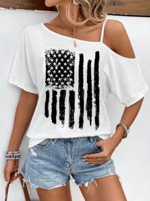 SHEIN Essnce Áo thun tay ngắn dáng rộng bất đối xứng in hình cờ Mỹ tối giản, thoải mái dành cho nữ, phù hợp cho mùa hè - trắng - Xem 1