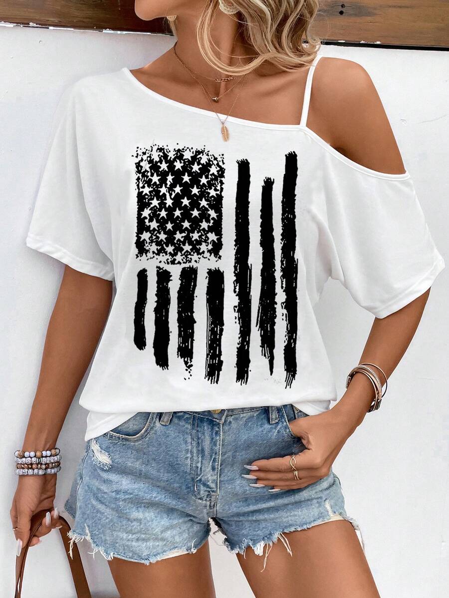 SHEIN Essnce Áo thun tay ngắn dáng rộng bất đối xứng in hình cờ Mỹ tối giản, thoải mái dành cho nữ, phù hợp cho mùa hè - trắng - Xem 1