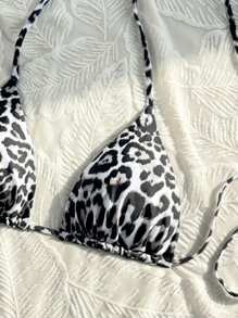 Swim SXY 2022 Women's Sexy Halter Neck Tied Front Leopard Print Bikini Top, Random Print For Summer Beach Vacation - Multicolor - View 4