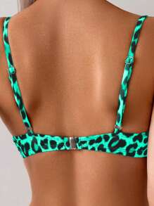 SHEIN Swim Women's Sexy Spaghetti Strap Leopard Print Push-Up Padded Bikini Set, Summer - Green - View 5