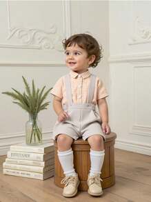 SHEIN French Retro Gentleman Style Toddler Boys 2pcs Set: Plaid Short Sleeve Shirt + Bib Shorts, Casual Fashion Spring/Summer - Orange - View 1