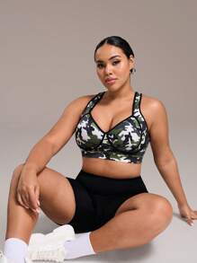 Rhythm Era Plus Size Sports Fixed Cup Bra, Fashionable Camouflage Gathering Cup, Adjustable Shoulder Straps, Hook & Eye Back Closure, Sexy Back