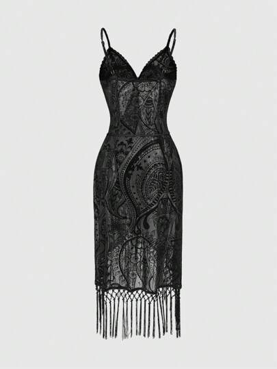 Goth Vestido informal con estampado floral, flecos y bajo de tela de parches para mujeres