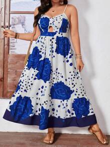 SHEIN LUNE Plus Size Twist Bust Cups Navy & White Rose Print Slip Dress With Adjustable Straps - Blue - View 5
