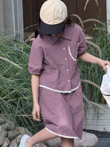 Tween Girl Solid Color Short Sleeve Shirt & Shorts 2 Pieces Set, Minimalist And Practical,Girls Summer Outfits,Back To School Clothes - Purple - View 3