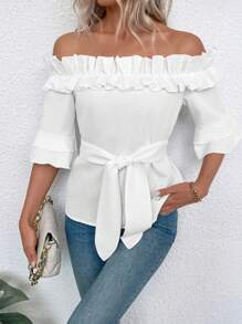 LUMIGAL White Off Shoulder Ruffle Hem Casual Blouse For Women - White - View 3