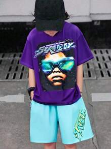 Tween Boy Casual Versatile Comfortable Street Graphic Print Round Neck Loose Fit Short Sleeve T-Shirt And Printed Shorts 2 Pieces Set - Multicolor - View 1