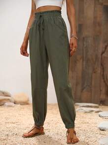 SHEIN LUNE Damen elegante Lässig einfarbige Bambus gestrickte Hose mit Taillentasche und Tunnelzug in der Taille - Armeegrün - Übersicht 3