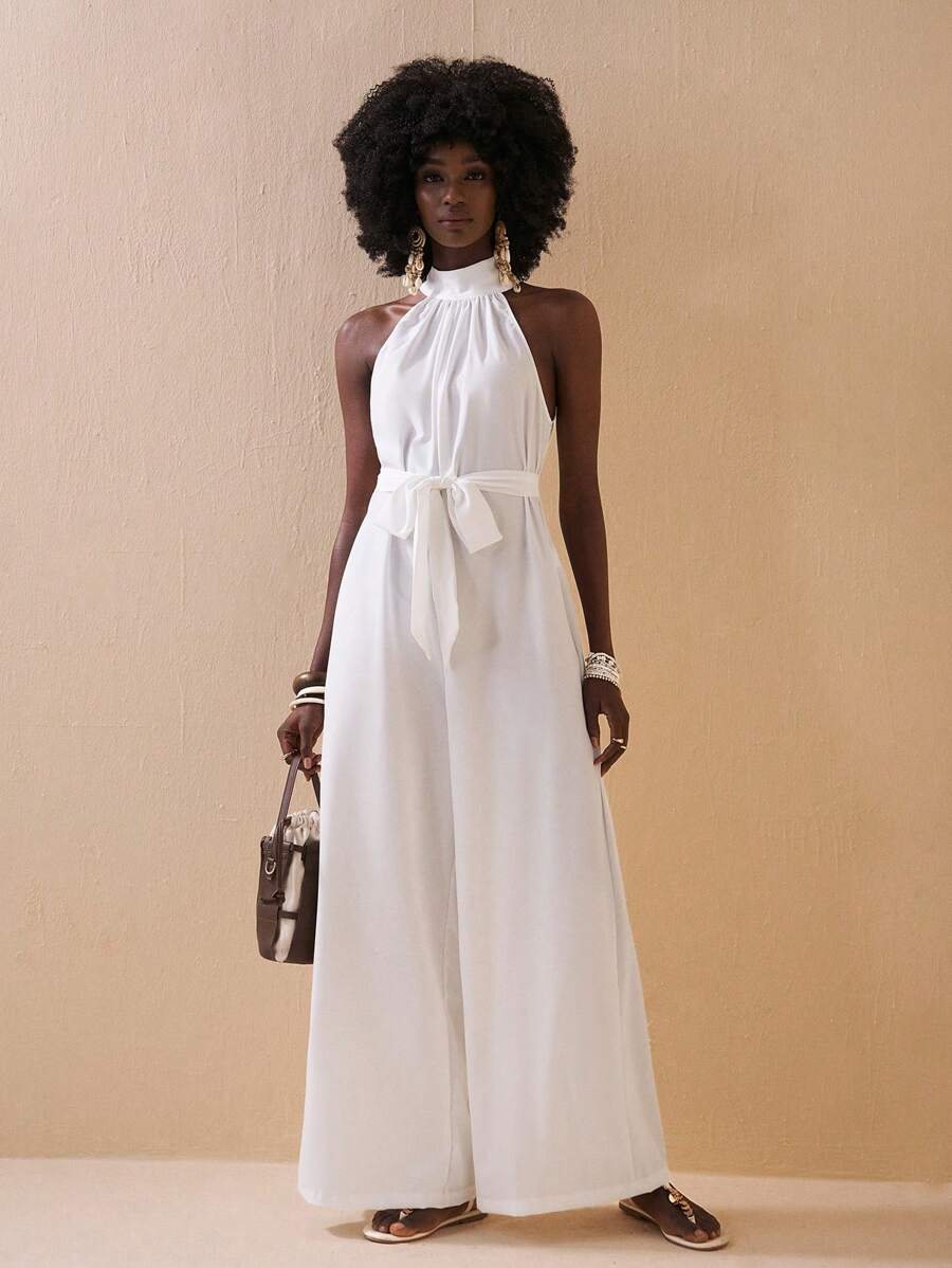 Zivah Grüner Jumpsuit mit weitem Bein, hohem Hals, Schlitz und Taschen -E, für den Urlaub