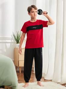 SHEIN 2pcs/Set Toddler Boys' Simple Letter Print Elastic Waist Pants, Short Sleeve Loose Crew Neck Striped Casual Home Wear, Spring/Summer New - Multicolor - View 1