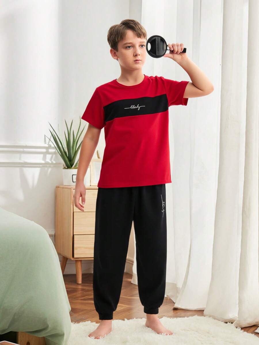 SHEIN 2pcs/Set Toddler Boys' Simple Letter Print Elastic Waist Pants, Short Sleeve Loose Crew Neck Striped Casual Home Wear, Spring/Summer New - Multicolor - View 1