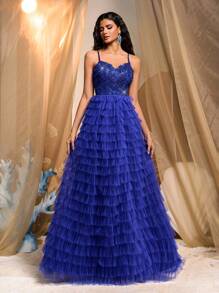 Glamrae Elegant And Gorgeous Blue Mesh Handmade Sequin Embroidery Sling Strapless Chest Sexy Slit Multi-Layered Cake Skirt Suitable For Dating Parties Formal Occasions Heavy-Duty Dinner Dress - Blue - View 4