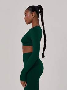 Musera Sport Cross Back Crop Long Sleeve Gym Top , Padel, Tennis, Pickleball Gym Fitness - Army Green - View 3