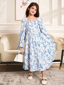 SHEIN Tween Girl Floral Printed Pattern Long Sleeve Dress - Blue - View 5