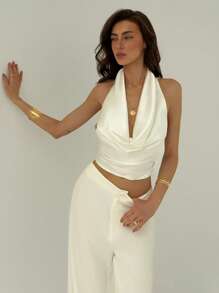 Aloruh Women's Sexy Solid Color Plunge Neck Backless Halter Top, Summer Wedding Guest Dress Women Bridal Shower Dress White  Elegant Modest Wedding Anniversary Bridesmaid Party Date Sexy,Rave Top - White - View 5