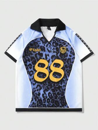 Street Life Men's Jersey Leopard Print Patchwork Numeral Print Polo Shirt, Suitable For Casual Wear, Spring/Summer