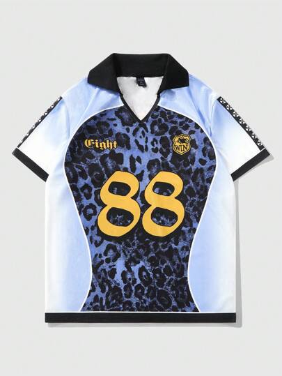 Street Life Men's Jersey Leopard Print Patchwork Numeral Print Polo Shirt, Suitable For Casual Wear, Spring/Summer