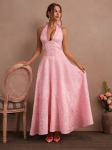 SHEIN Unity Elegant V-Neck Pink Bowknot A-Line Backless Dress, Spring/Summer - Pink - View 6