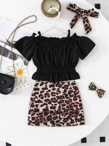 Baby Girl Summer Fashion Solid Open Shoulder Tank Crop Top And Leopard Print Flared Skirt 2 Pieces Set - Black - View 1